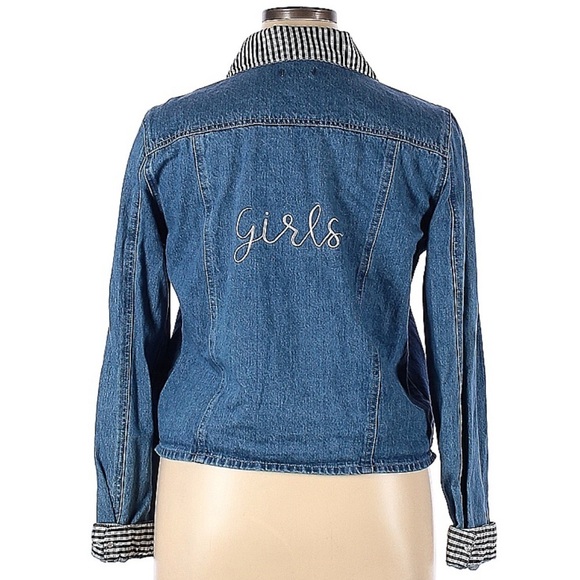 Samantha Sipos Jacket Women’s XL Embroidered Girls Denim Blue Plaid Distressed - Picture 5 of 5